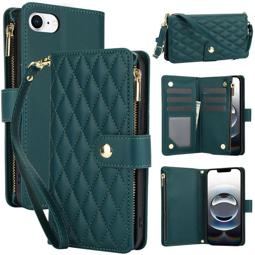 iPhone 16e / 17e YM016 Rhombic Zipper Card Wallet Leather Phone Case with Lanyard - Green