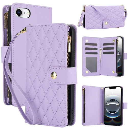 iPhone 16e / 17e YM016 Rhombic Zipper Card Wallet Leather Phone Case with Lanyard - Light Purple