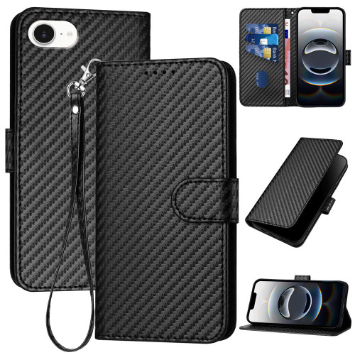 iPhone 16e / 17e YX0070 Carbon Fiber Buckle Leather Phone Case with Lanyard - Black