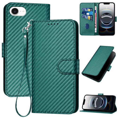 iPhone 16e / 17e YX0070 Carbon Fiber Buckle Leather Phone Case with Lanyard - Dark Green