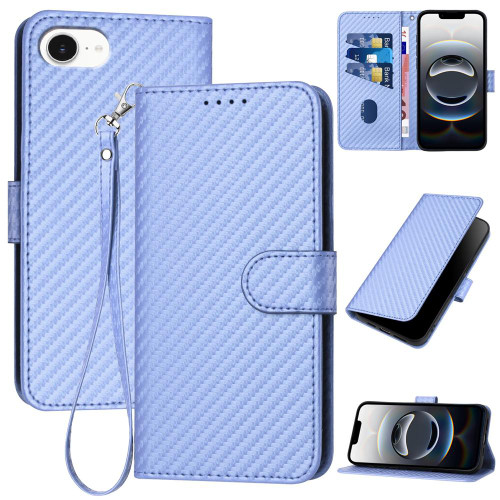 iPhone 16e / 17e YX0070 Carbon Fiber Buckle Leather Phone Case with Lanyard - Light Purple