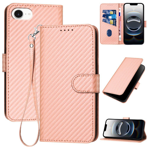 iPhone 16e / 17e YX0070 Carbon Fiber Buckle Leather Phone Case with Lanyard - Pink