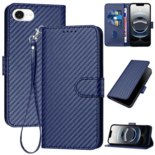 iPhone 16e / 17e YX0070 Carbon Fiber Buckle Leather Phone Case with Lanyard - Royal Blue