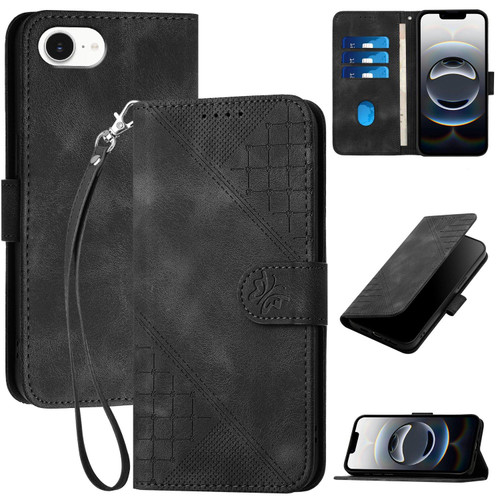 iPhone 16e / 17e YX0080 Grid Butterfly Embossed Pattern Flip Leather Phone Case with Lanyard - Black