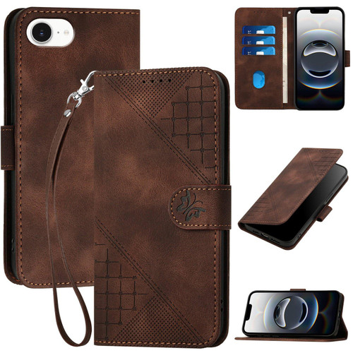 iPhone 16e / 17e YX0080 Grid Butterfly Embossed Pattern Flip Leather Phone Case with Lanyard - Coffee