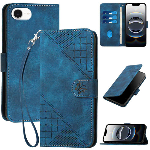 iPhone 16e / 17e YX0080 Grid Butterfly Embossed Pattern Flip Leather Phone Case with Lanyard - Dark Blue
