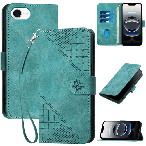 iPhone 16e / 17e YX0080 Grid Butterfly Embossed Pattern Flip Leather Phone Case with Lanyard - Light Blue