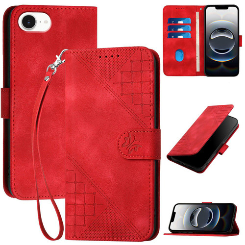 iPhone 16e / 17e YX0080 Grid Butterfly Embossed Pattern Flip Leather Phone Case with Lanyard - Red