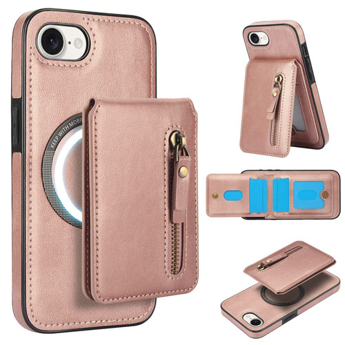 iPhone 16e / 17e Zipper Wallet Split MagSafe Leather Back Phone Case - Rose Gold