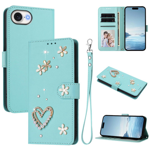iPhone 16e / 17e ZS01 Double-Layer Heart Floral Vegan Leather Phone Case with Wrist Strap - Mint Green
