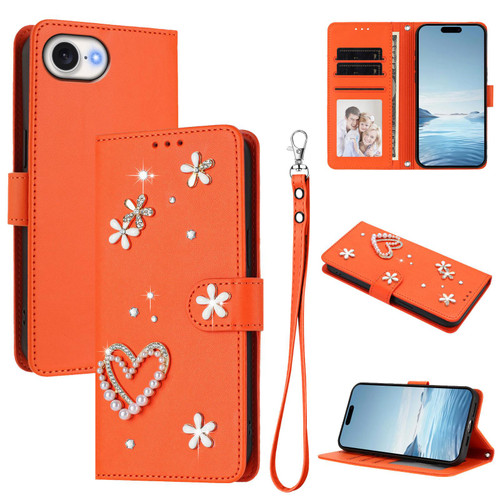 iPhone 16e / 17e ZS01 Double-Layer Heart Floral Vegan Leather Phone Case with Wrist Strap - Orange