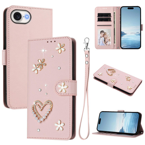 iPhone 16e / 17e ZS01 Double-Layer Heart Floral Vegan Leather Phone Case with Wrist Strap - Pink