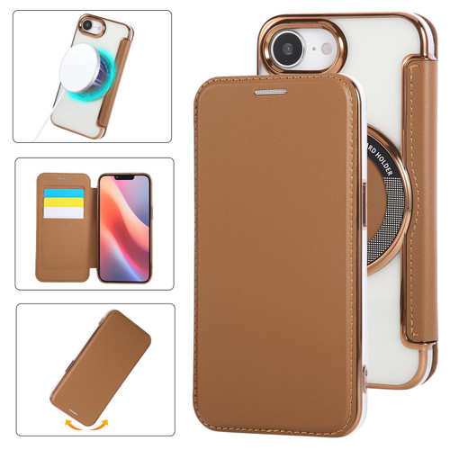 iPhone 16e / 17e Ultra-thin Magnetic Plating Vegan Leather Phone Case - Brown