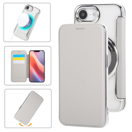 iPhone 16e / 17e Ultra-thin Magnetic Plating Vegan Leather Phone Case - Grayish White