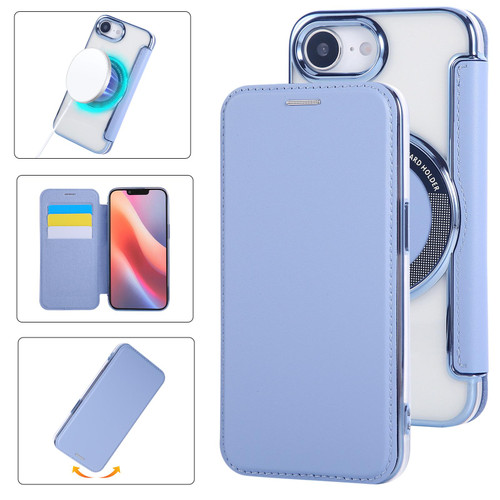 iPhone 16e / 17e Ultra-thin Magnetic Plating Vegan Leather Phone Case - Sierra Blue