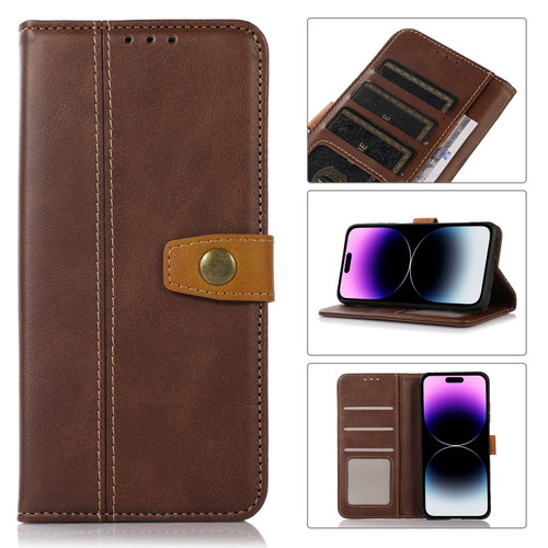 iPhone 14 Pro Max Stitching Thread Calf Texture Leather Phone Case  - Coffee