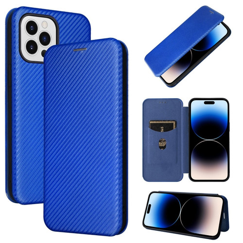 iPhone 14 Pro Max Carbon Fiber Texture Flip Leather Phone Case  - Blue