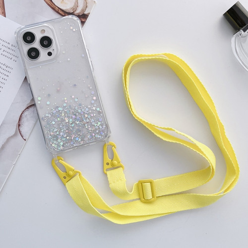 iPhone 14 Pro Max Lanyard Glitter Epoxy Clear Phone Case  - Yellow