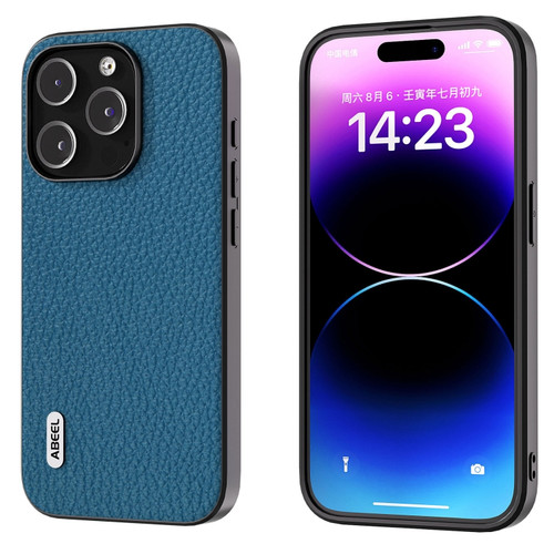 iPhone 14 Pro Max ABEEL Genuine Leather Litchi Texture Phone Case - Blue