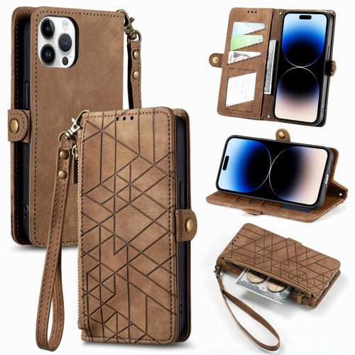 iPhone 14 Pro Max Geometric Zipper Wallet Side Buckle Leather Phone Case - Brown