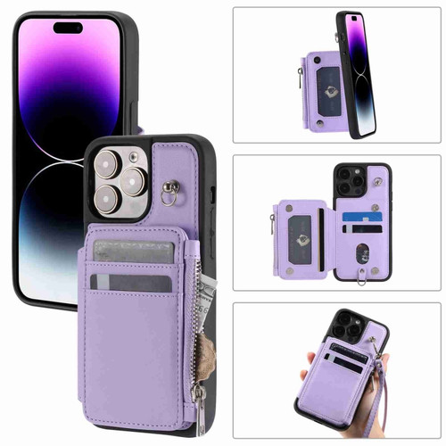 iPhone 14 Pro Max Zipper Card Slots RFID Phone Case - Purple