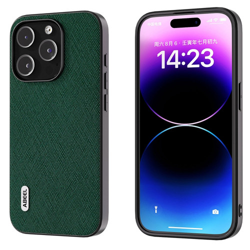 iPhone 14 Pro Max ABEEL Cross Texture Genuine Leather Phone Case - Green