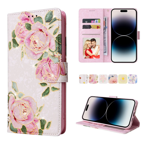 iPhone 14 Pro Max Bronzing Painting RFID Leather Case  - Rose Flower