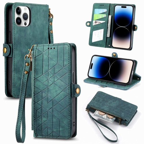 iPhone 14 Pro Max Geometric Zipper Wallet Side Buckle Leather Phone Case - Green