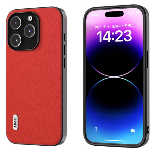 iPhone 14 Pro Max ABEEL Genuine Leather Luolai Series Phone Case - Red