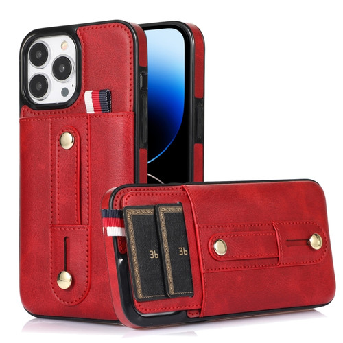 iPhone 14 Pro Max Wristband Kickstand Wallet Leather Phone Case  - Red