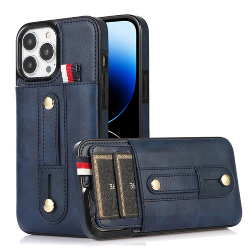 iPhone 14 Pro Max Wristband Kickstand Wallet Leather Phone Case  - Blue