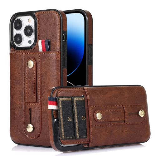 iPhone 14 Pro Max Wristband Kickstand Wallet Leather Phone Case  - Brown