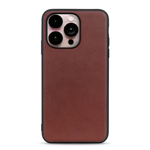 iPhone 14 Pro Max Lambskin Texture Genuine Leather Phone Case  - Brown