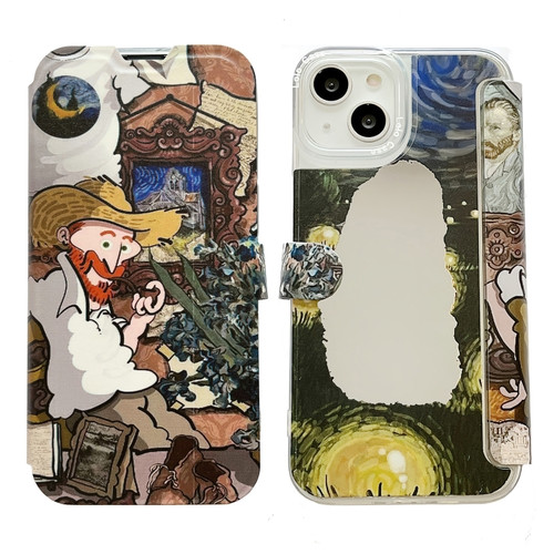 iPhone 14 Pro Max Oil Painting Pattern Mirror Leather Phone Case - Tobacco Pipe