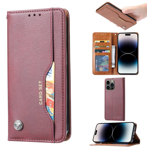 iPhone 14 Pro Max Knead Skin Texture Horizontal Flip Leather Case  - Wine Red