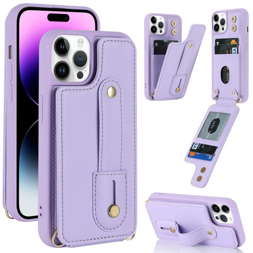 iPhone 14 Pro Max Wristband Vertical Flip Wallet Back Cover Phone Case - Purple