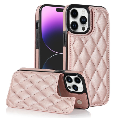 iPhone 14 Pro Max Double Buckle Rhombic PU Leather Phone Case - Rose Gold