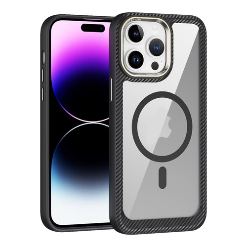 iPhone 14 Pro Max MagSafe Carbon Fiber Transparent Back Panel Phone Case - Black