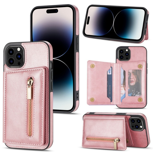 iPhone 14 Pro Max Zipper Card Holder Phone Case  - Rose Gold