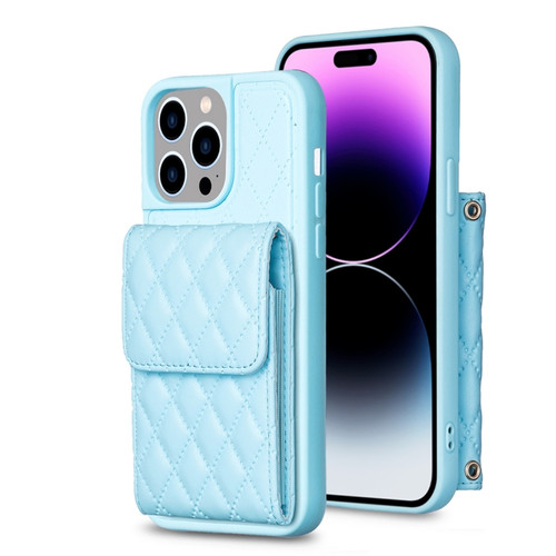 iPhone 14 Pro Max Vertical Wallet Rhombic Leather Phone Case - Blue
