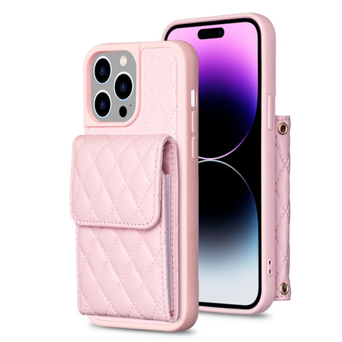 iPhone 14 Pro Max Vertical Wallet Rhombic Leather Phone Case - Pink