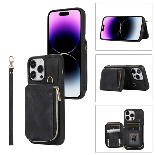 iPhone 14 Pro Max Zipper Card Bag Back Cover Phone Case - Black