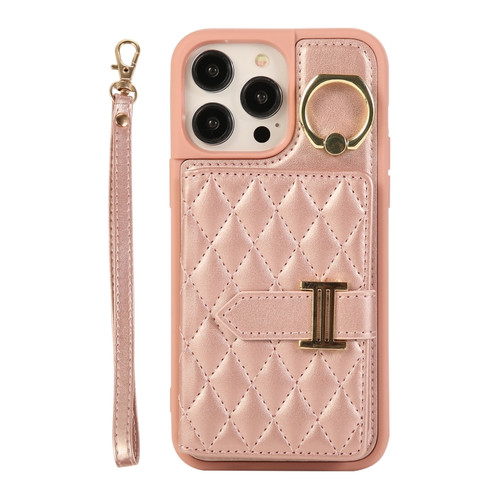 iPhone 14 Pro Max Horizontal Card Bag Ring Holder Phone Case with Dual Lanyard - Rose Gold