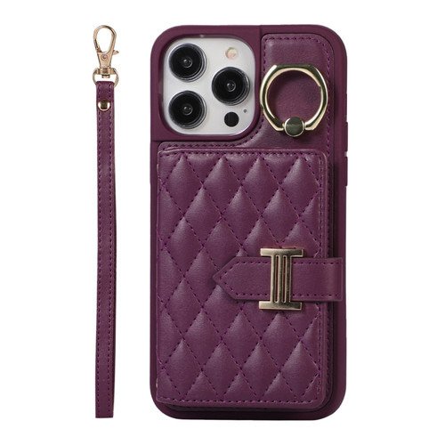 iPhone 14 Pro Max Horizontal Card Bag Ring Holder Phone Case with Dual Lanyard - Dark Purple