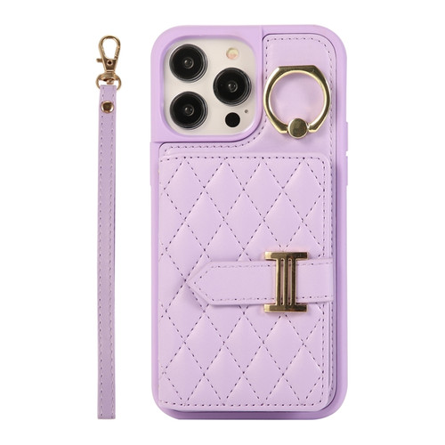 iPhone 14 Pro Max Horizontal Card Bag Ring Holder Phone Case with Dual Lanyard - Purple