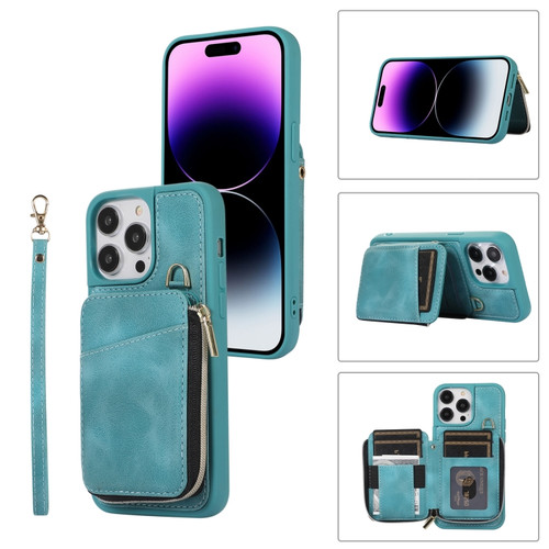iPhone 14 Pro Max Zipper Card Bag Back Cover Phone Case - Turquoise