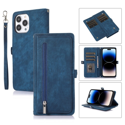 iPhone 14 Pro Max Zipper Card Slot Buckle Wallet Leather Phone Case  - Blue