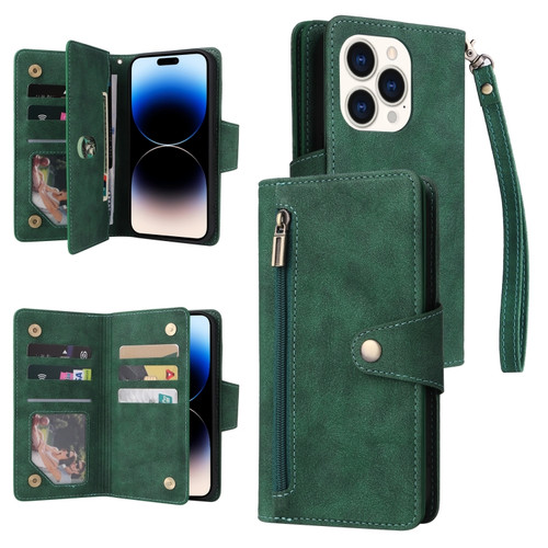 iPhone 14 Pro Max Rivet Buckle 9 Cards Three Fold Leather Phone Case  - Green