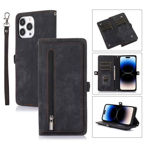 iPhone 14 Pro Max Zipper Card Slot Buckle Wallet Leather Phone Case  - Black