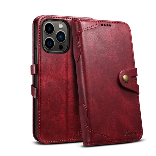 Suteni Calf Texture Buckle Wallet Leather Phone Case iPhone 14 Pro Max - Red